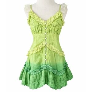 Chaudry KC Lace Ruffle Mini Dress Green Boho Festival Y2K Deadstock NWT Women S